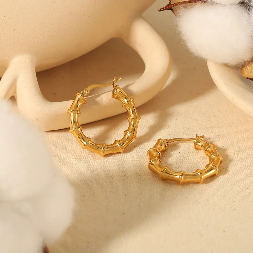 1 Pair Simple Fashion Style Bamboo C SHape Stainless Steel 18K Gold Plated Women's Hoop Earrings 